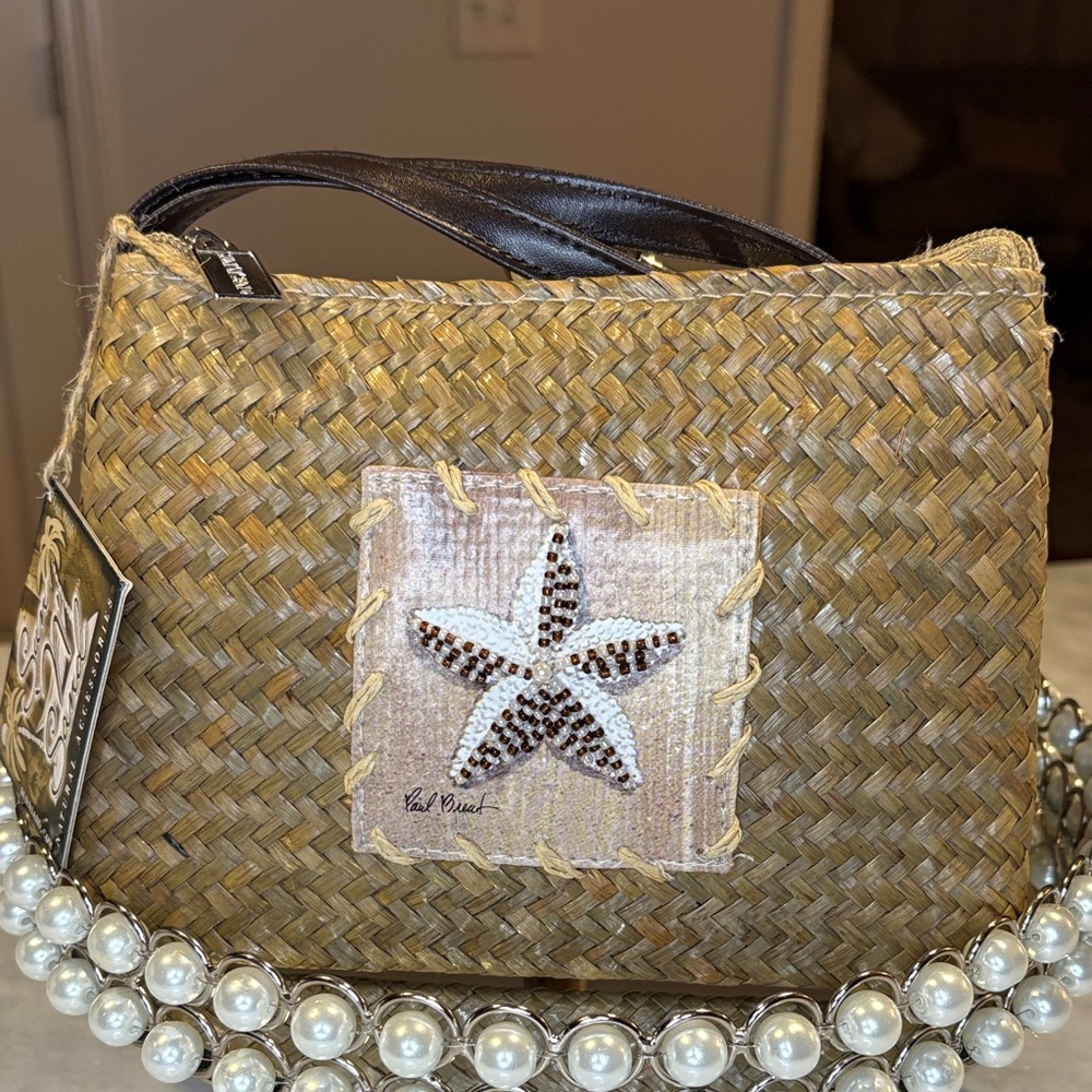 Sun n Sand Woven Straw Wristlet Clutch Pearl Beaded Starfish Summer